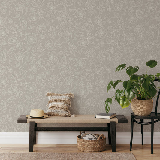 Anemone Blooms Wallpaper in Cream on beige shown in an entry way.