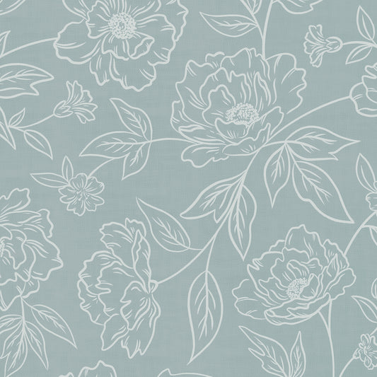 Anemone Blooms Wallpaper in Cream on Cloudy Blue shown close up.