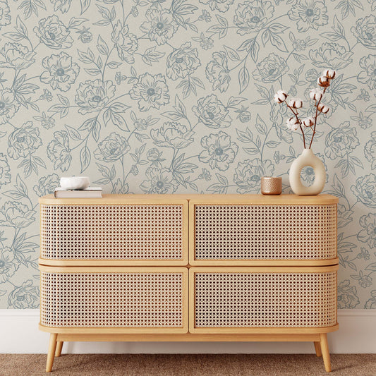 Anemone Blooms Wallpaper in Cloudy Blue shown in an entry way.