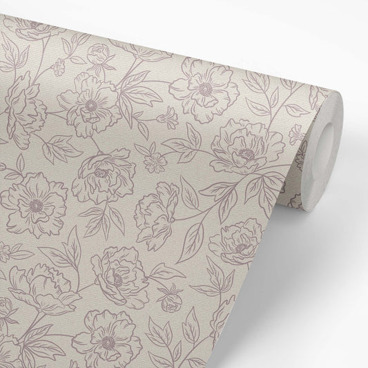 Anemone Blooms Wallpaper in Rose shown on a wallpaper roll.