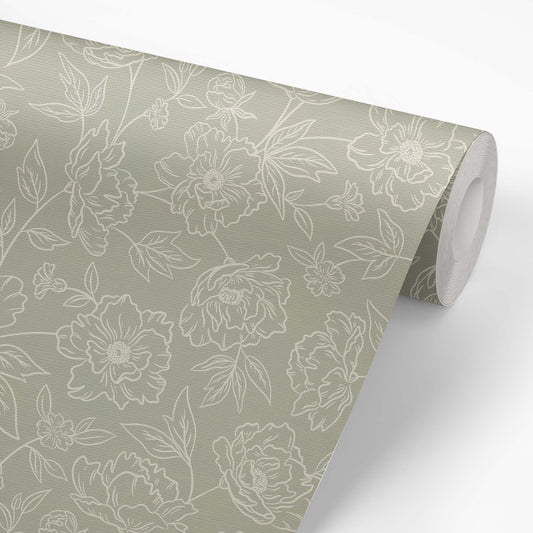 Anemone Blooms Wallpaper in Dry Sage shown on a wallpaper roll.
