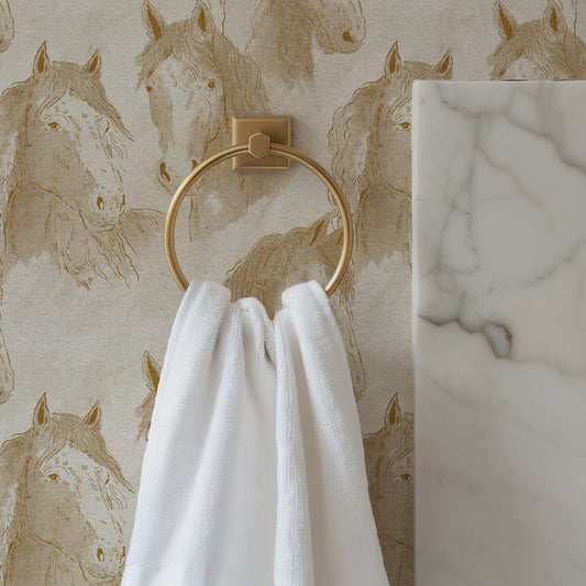 Antique Horses Wallpaper in Cream shown in a bathroom