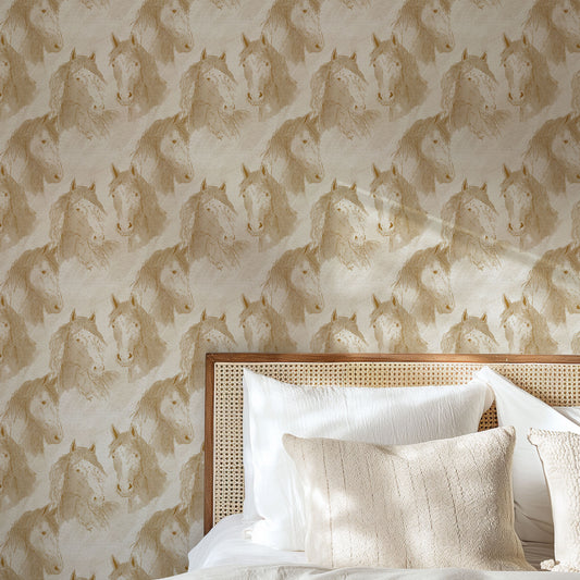 Antique Horses Wallpaper in Off White shown in a bedroom