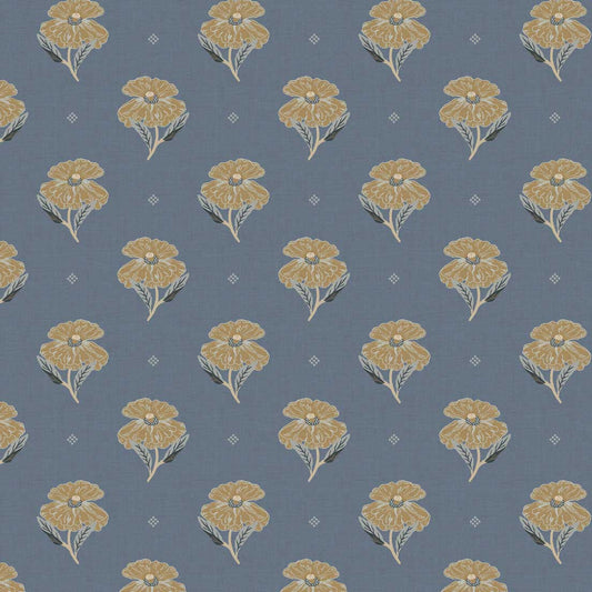 Antique Poppy Wallpaper in Blue shown in a closeup view.