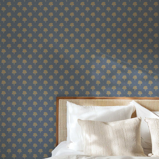 Antique Poppy Wallpaper in Blue shown in a bedroom.