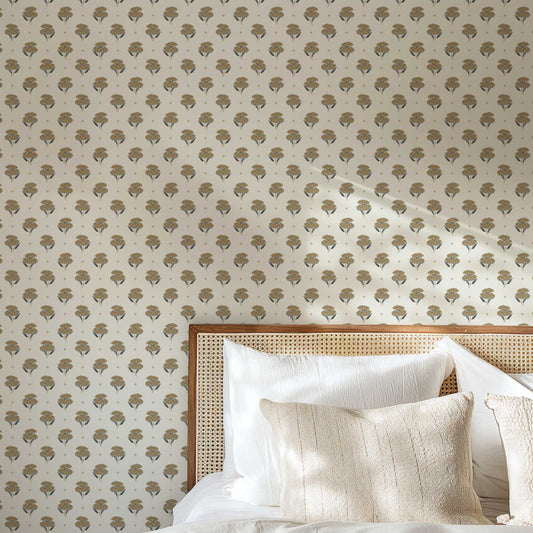 Antique Poppy Wallpaper in Cream in a bedroom.