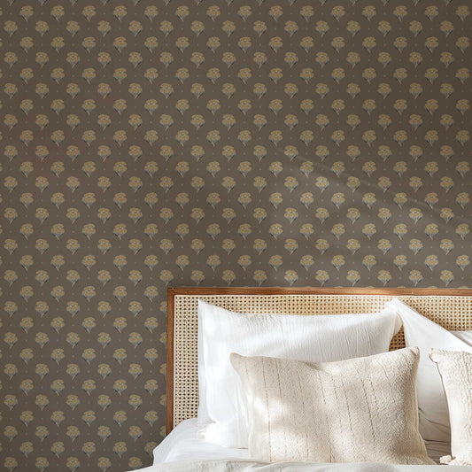 Antique Poppy Wallpaper in Walnut shown in a bedroom.
