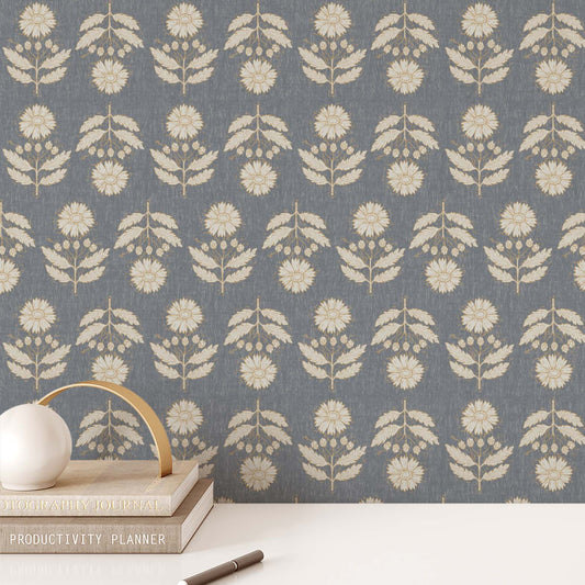 Antique Floral Rows Wallpaper - Denim Blue