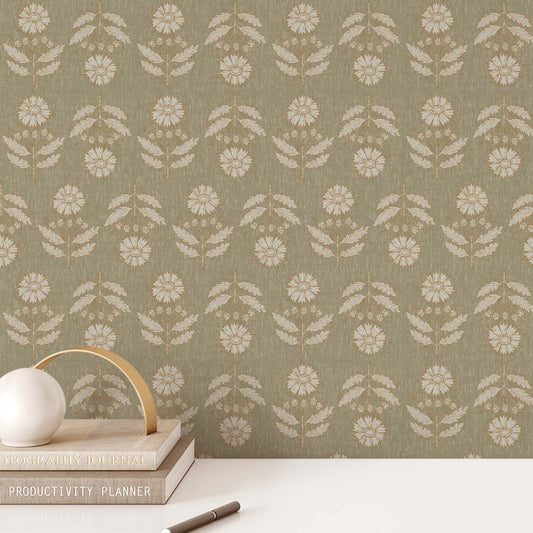 Antique Floral Rows Wallpaper - Sage