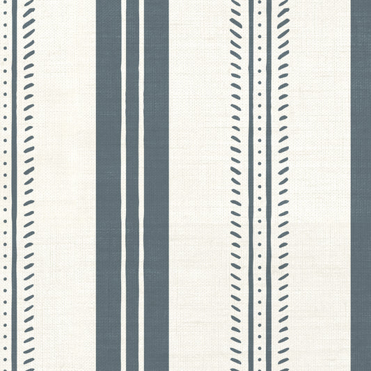 Antique Linen Stripe Wallpaper in Rain Cloud on Cream shown close up.