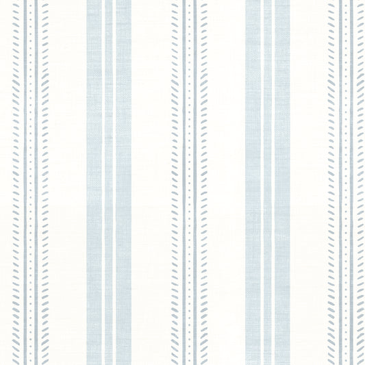 Antique Linen Stripe Wallpaper in Cream on Hinting Blue shown close up.