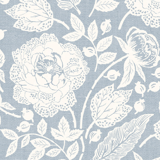 Antique Peonies Wallpaper - Cream on Blue