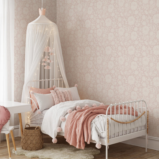 Antique Peonies Wallpaper - Cream on Soft Pink