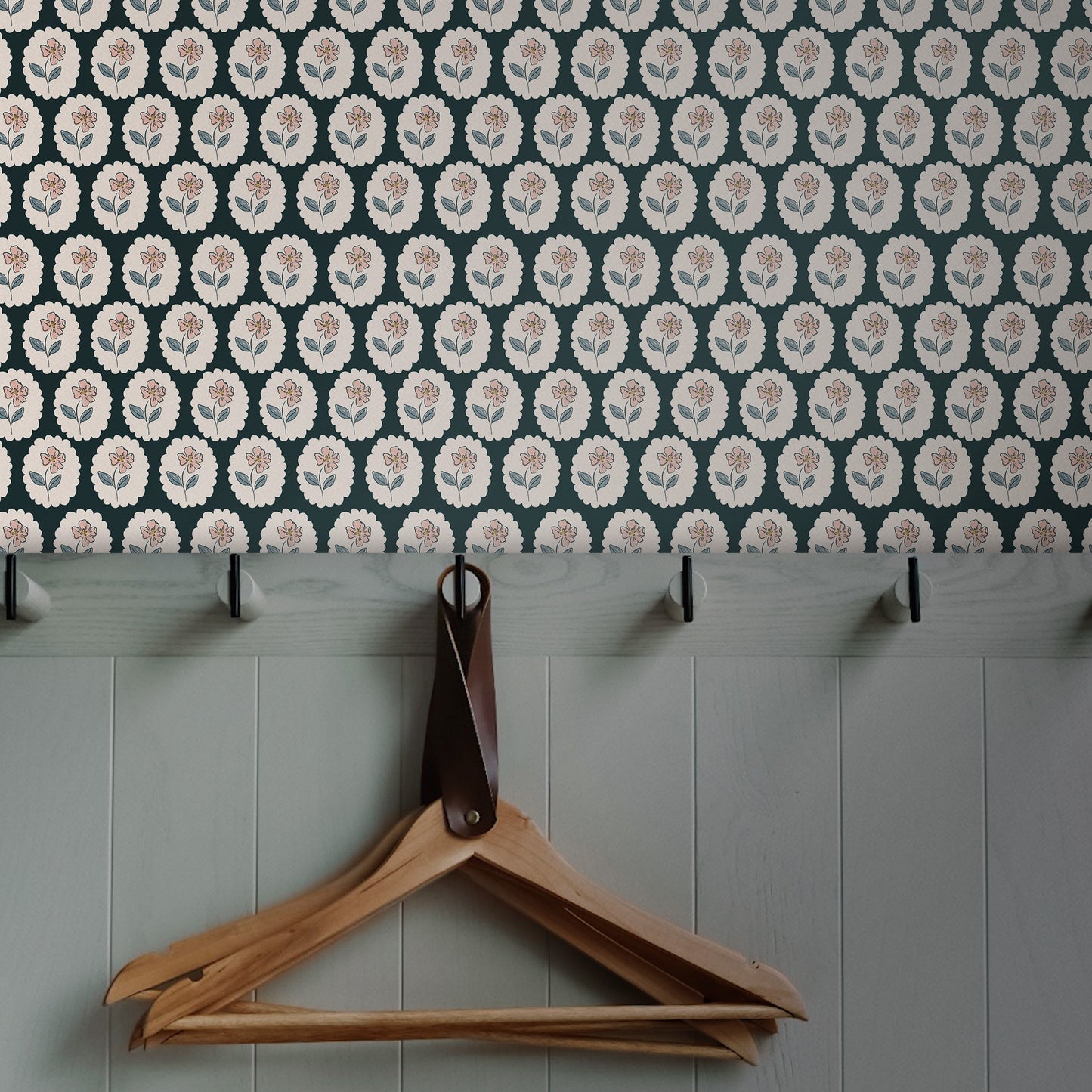 Mudroom featuring Dancing Petals Peel and Stick, Removable Wallpaper in Dark Green