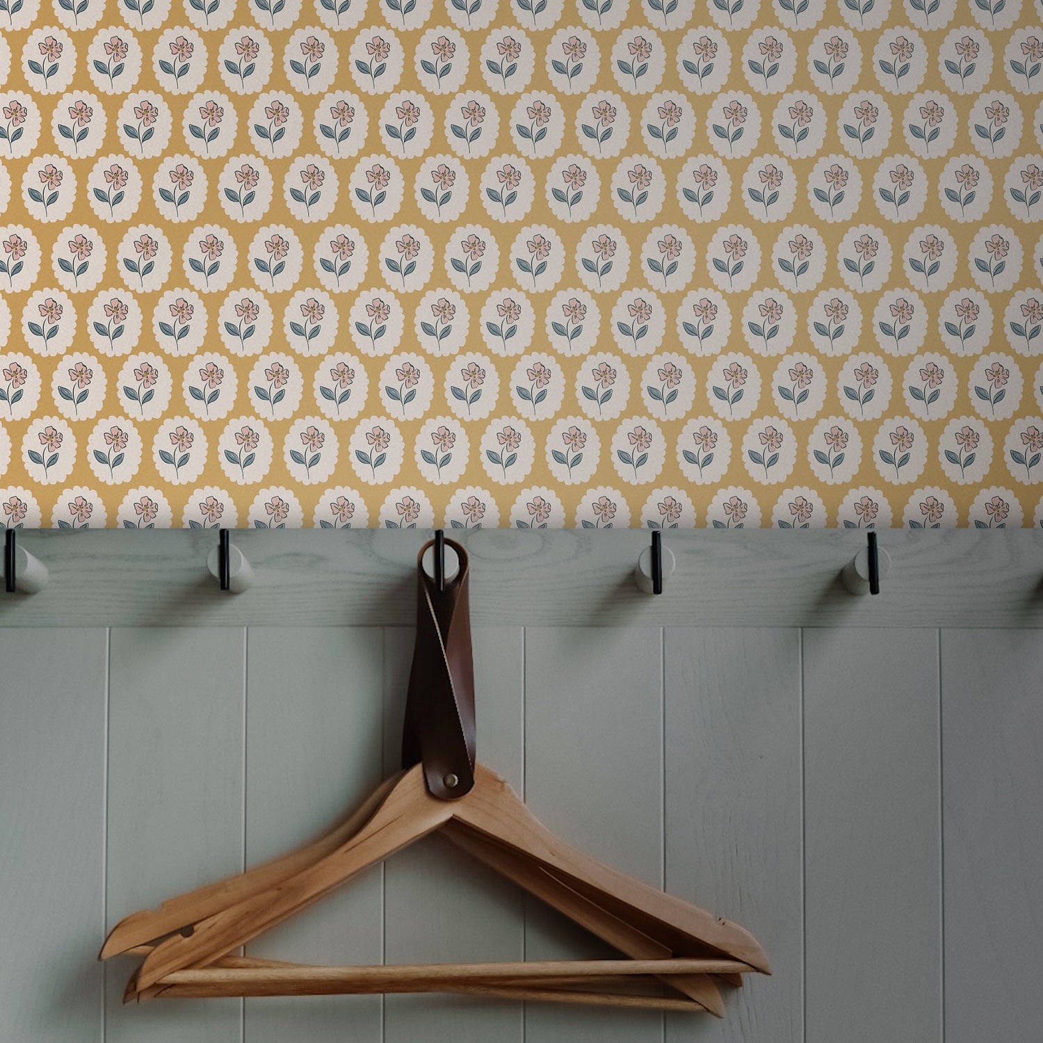Mudroom featuring Dancing Petals Peel and Stick, Removable Wallpaper in Ochre yellow