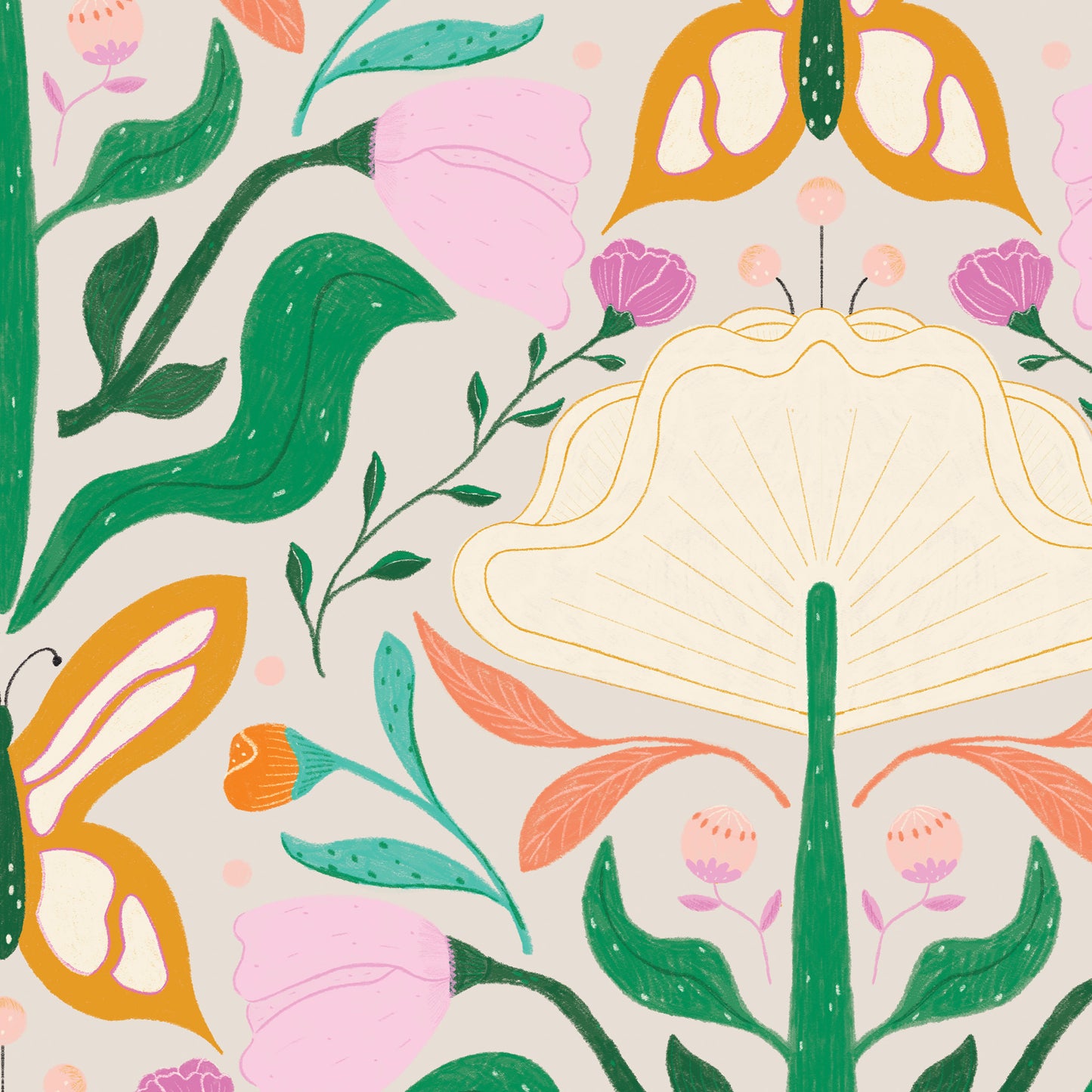 Closeup featuring our Floral Damask Wallpaper in Bright colors by artist Brenda Bird for Ayara