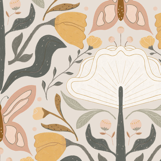 Closeup featuring our Floral Damask Wallpaper in Neutral by artist Brenda Bird for Ayara