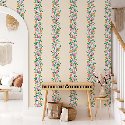 Living room preview of this Floral Stripe Wallpaper in Bright by artist Brenda Bird for Ayara.