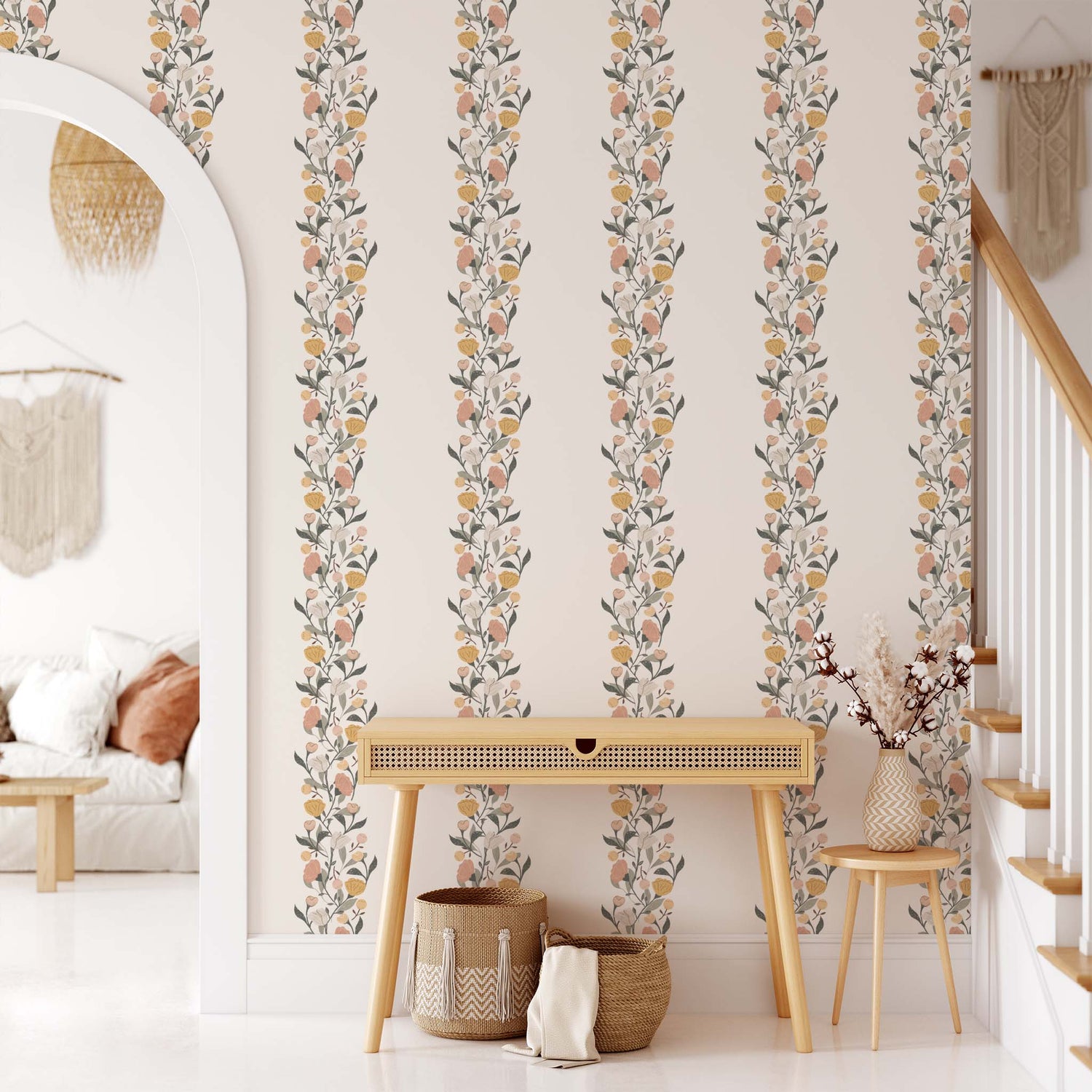 Living room preview of this Floral Stripe Wallpaper in Neutral by artist Brenda Bird for Ayara.
