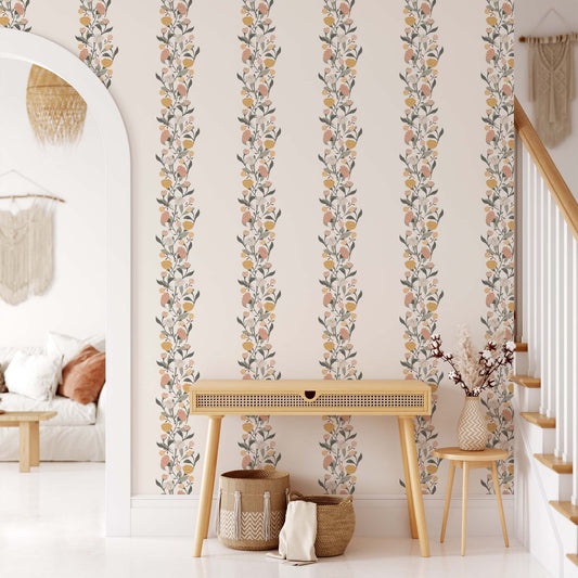Living room preview of this Floral Stripe Wallpaper in Neutral by artist Brenda Bird for Ayara.