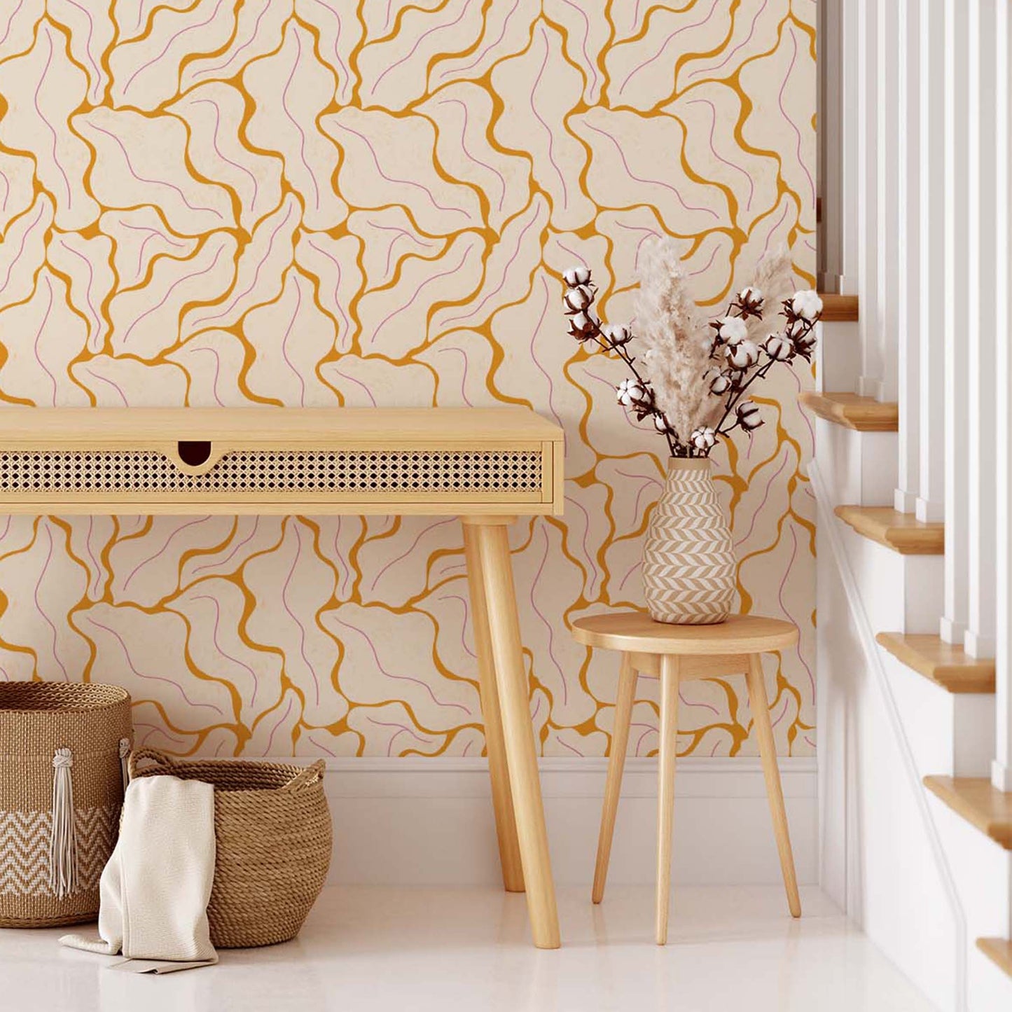 Living Room featuring our Modern Leaves Wallpaper in Mustard by artist Brenda Bird for Ayara
