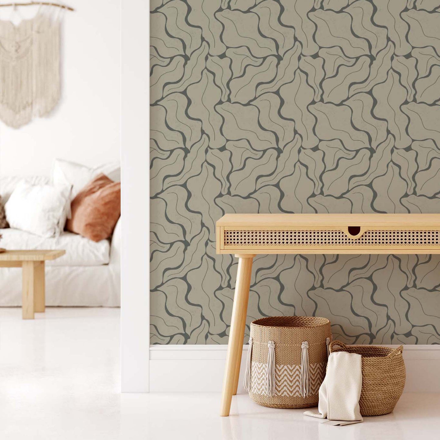Living Room featuring our Modern Leaves Wallpaper in Sage by artist Brenda Bird for Ayara