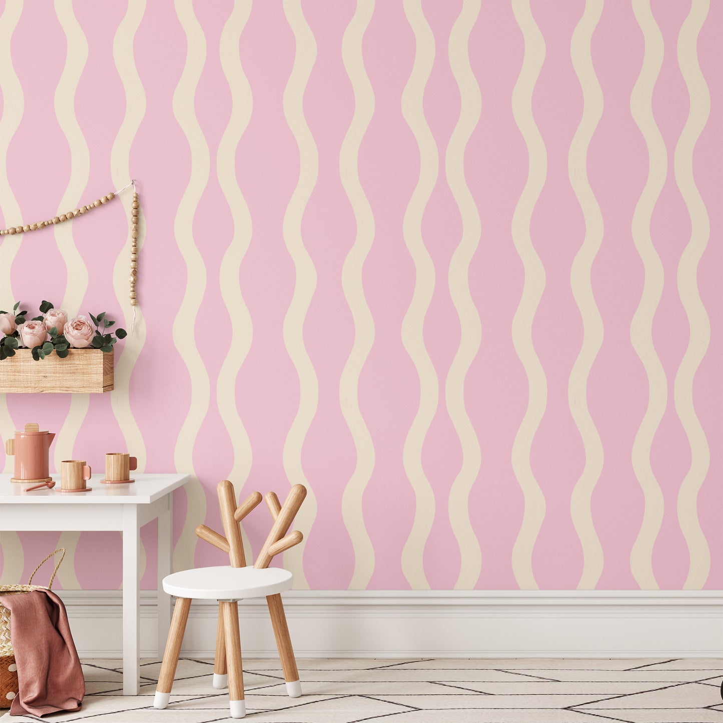 Playroom featuring Modern Wavy Lines Wallpaper in Bubblegum Pink by artist Brenda Bird for Ayara