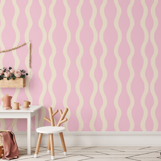 Playroom featuring Modern Wavy Lines Wallpaper in Bubblegum Pink by artist Brenda Bird for Ayara