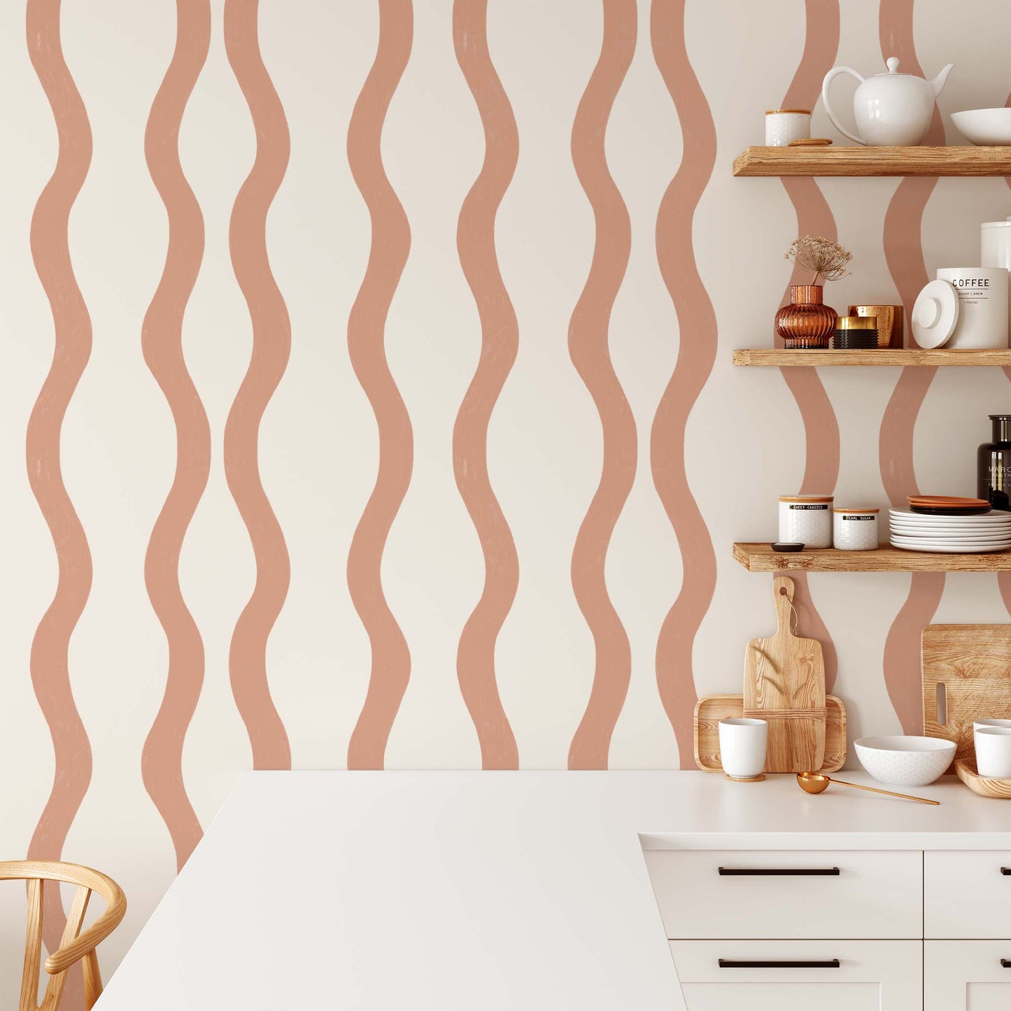 Kitchen featuring Modern Wavy Lines Wallpaper in Salmon by artist Brenda Bird for Ayara