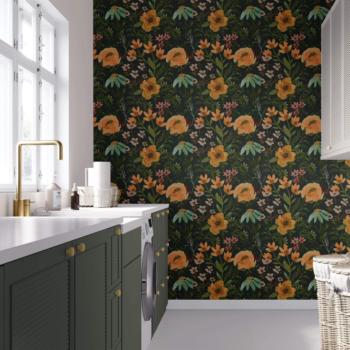 Over the Garden Wall Wallpaper in Green shown in a laundry room.