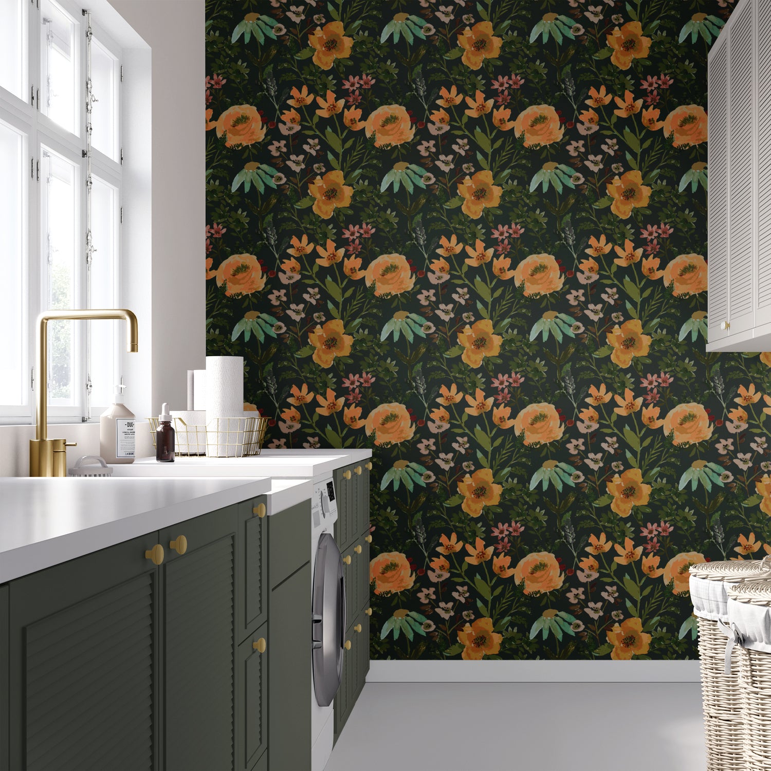 Over the Garden Wall Wallpaper in Green shown in a laundry room.