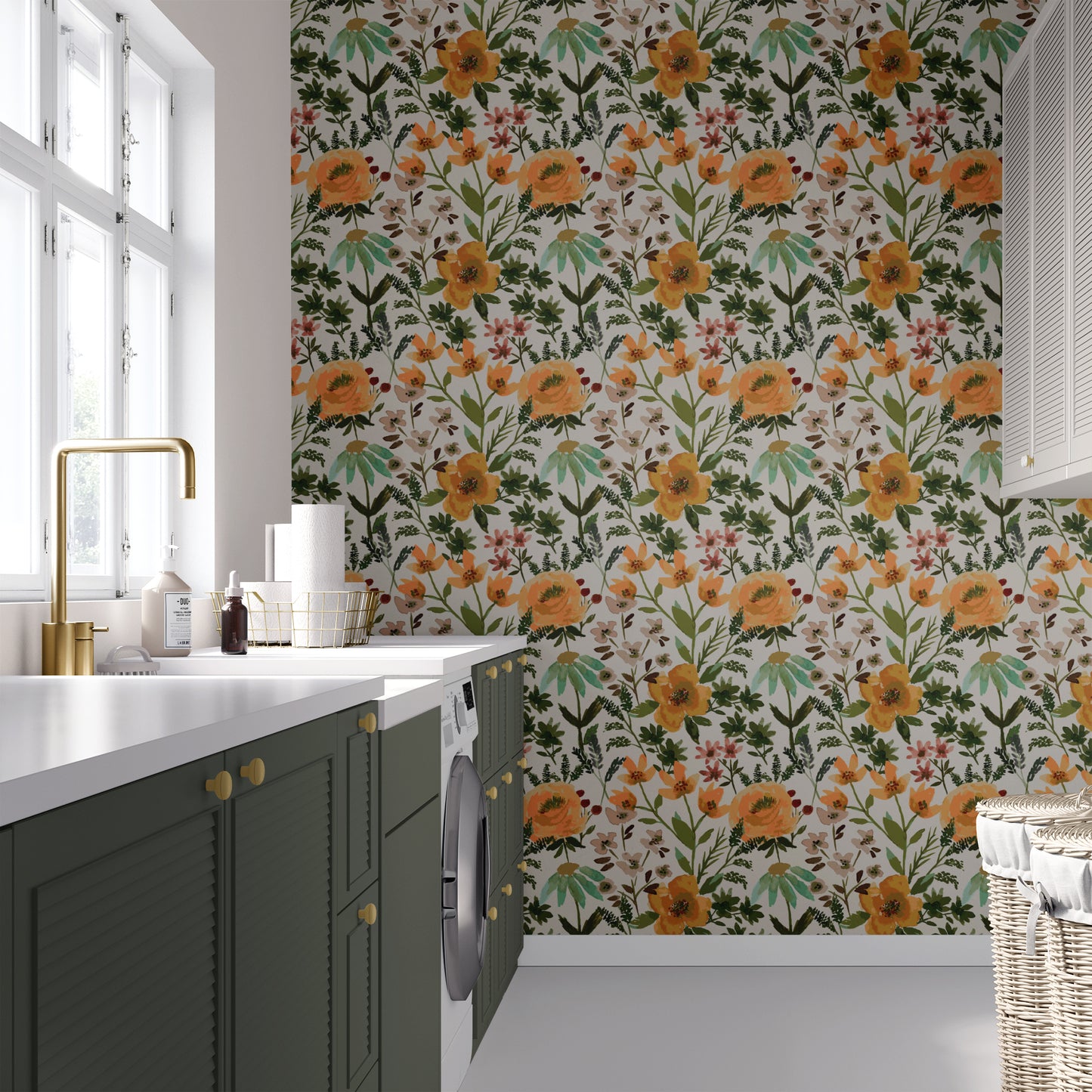 Over the Garden Wall Wallpaper shown in a laundry room.