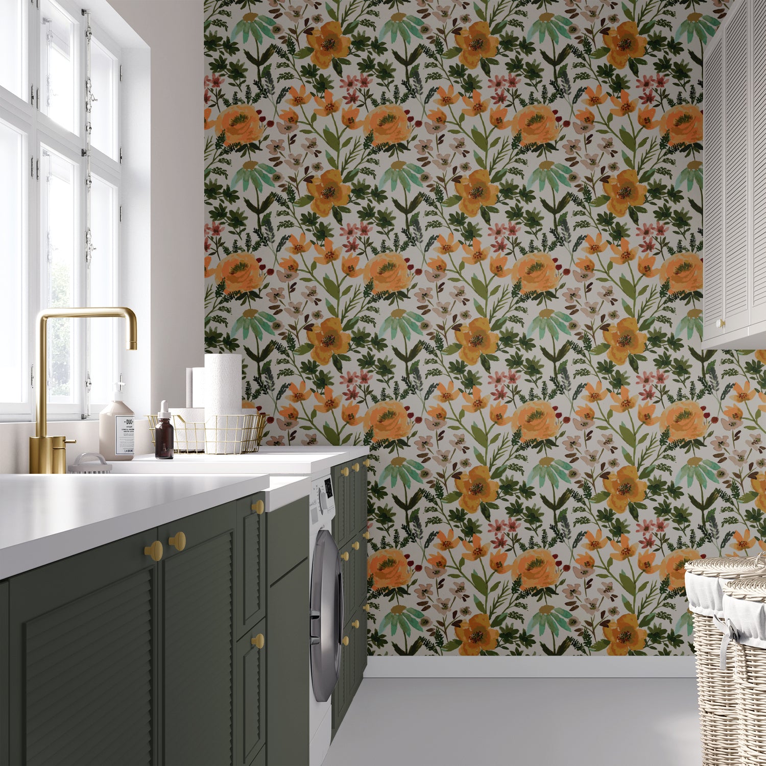 Over the Garden Wall Wallpaper shown in a laundry room.