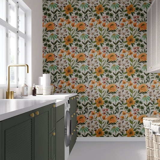 Over the Garden Wall Wallpaper shown in a laundry room.