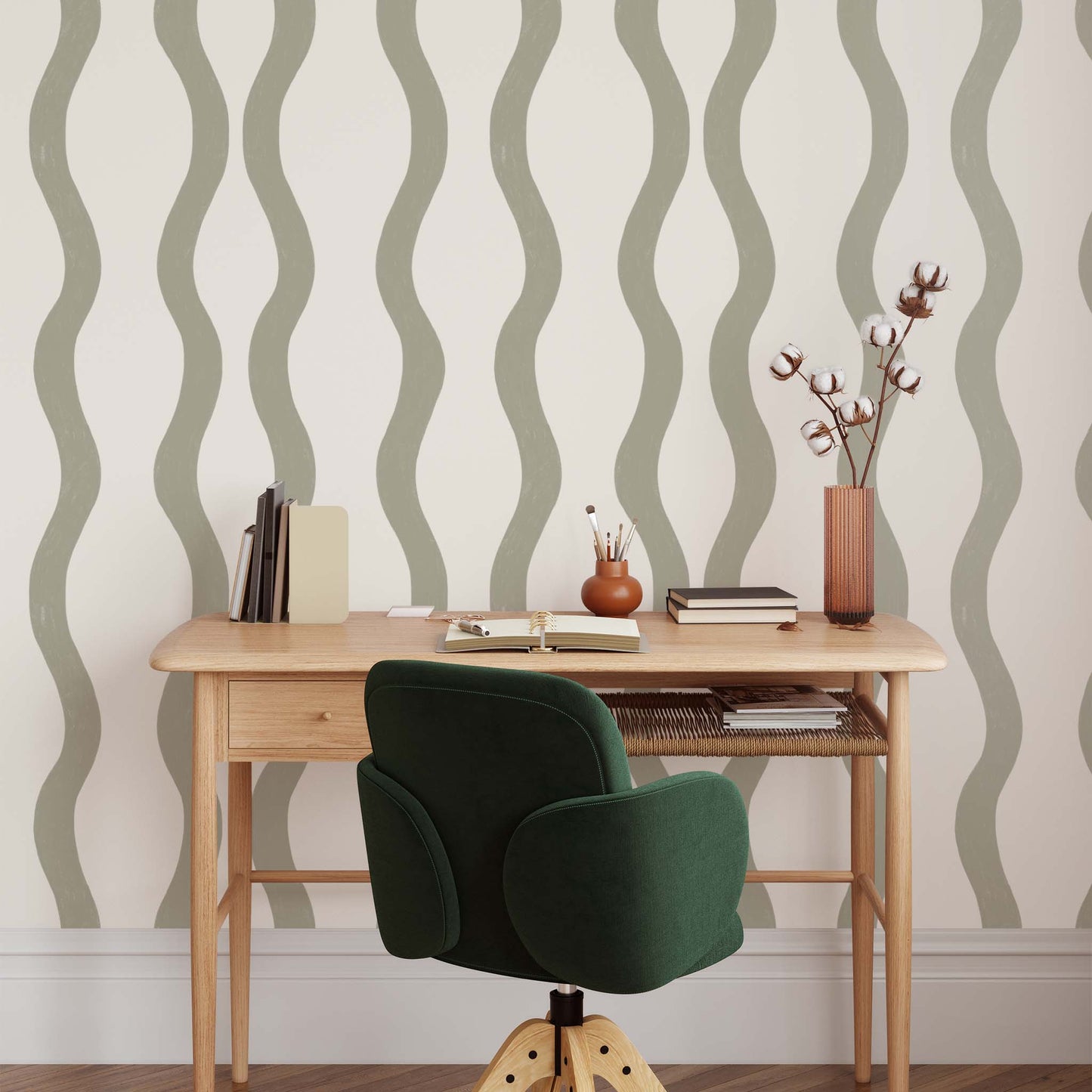 Office featuring Modern Wavy Lines Wallpaper in Sage Green by artist Brenda Bird for Ayara