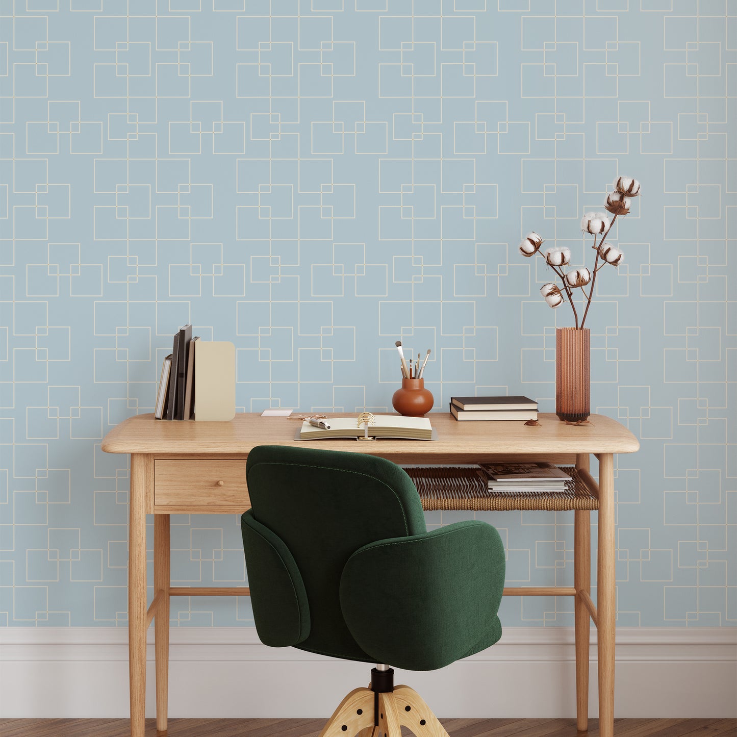 Modern Squares Wallpaper in Blue shown in an office.