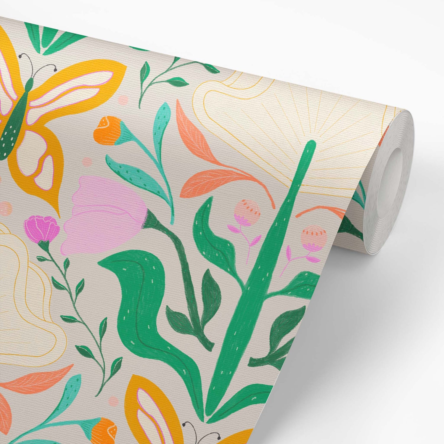 Wallpaper roll featuring our Floral Damask Wallpaper in Bright colors by artist Brenda Bird for Ayara