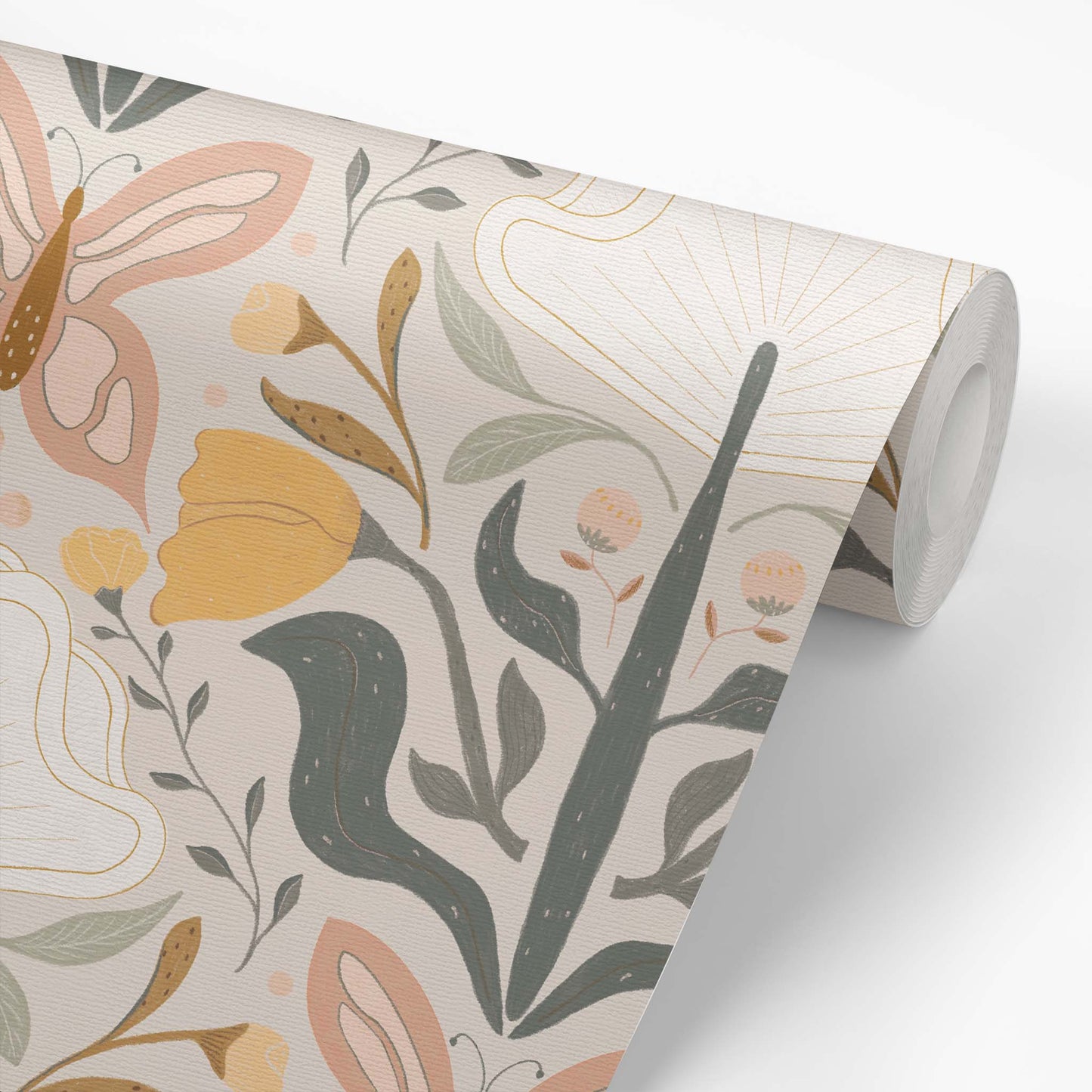 Wallpaper roll featuring our Floral Damask Wallpaper in Neutral by artist Brenda Bird for Ayara
