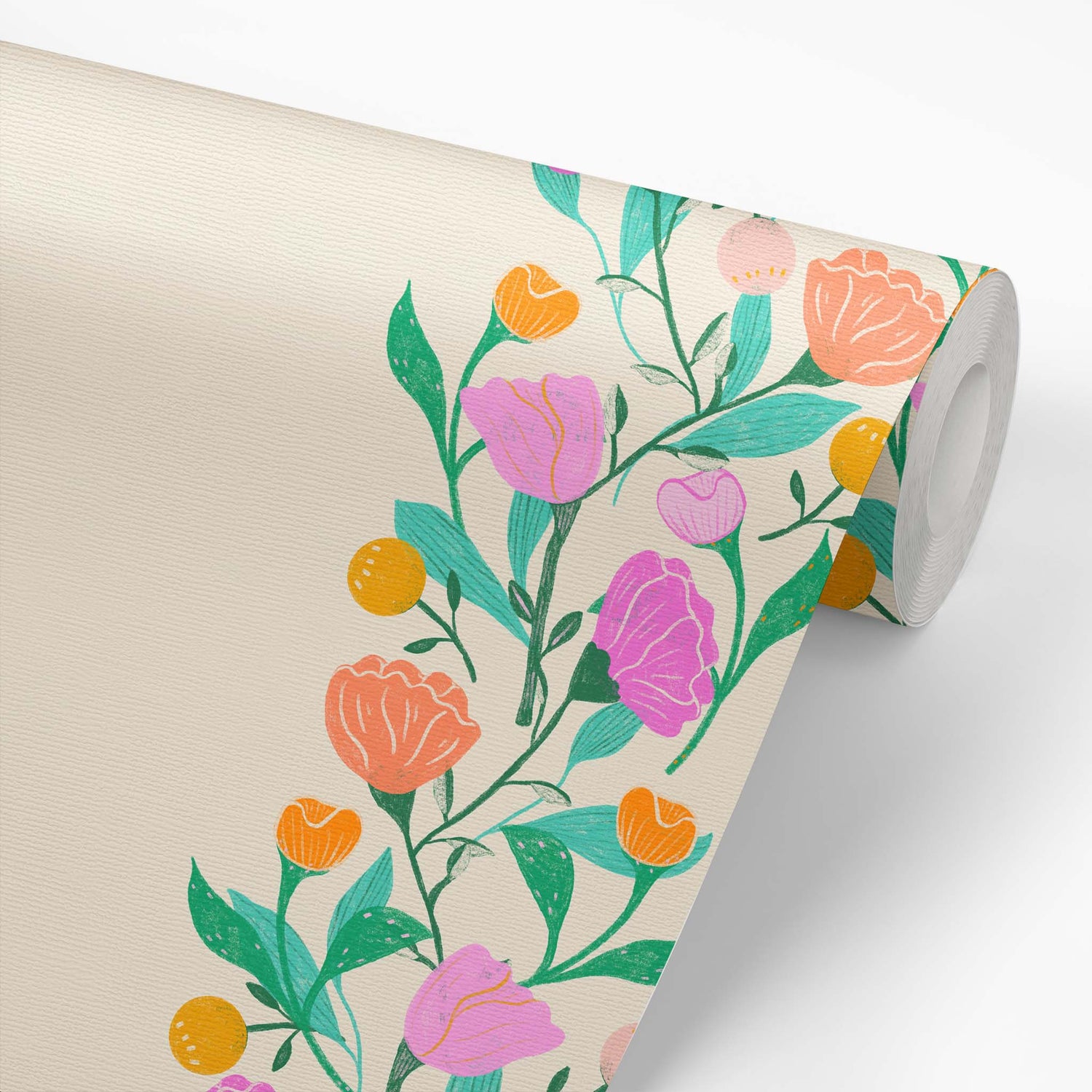 Wallpaper roll preview of this Floral Stripe Wallpaper in Bright by artist Brenda Bird for Ayara.