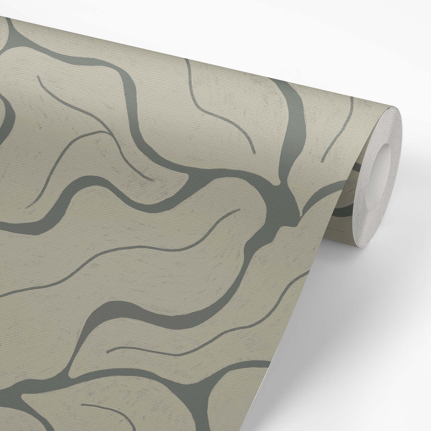 Wallpaper roll featuring our Modern Leaves Wallpaper in Sage by artist Brenda Bird for Ayara