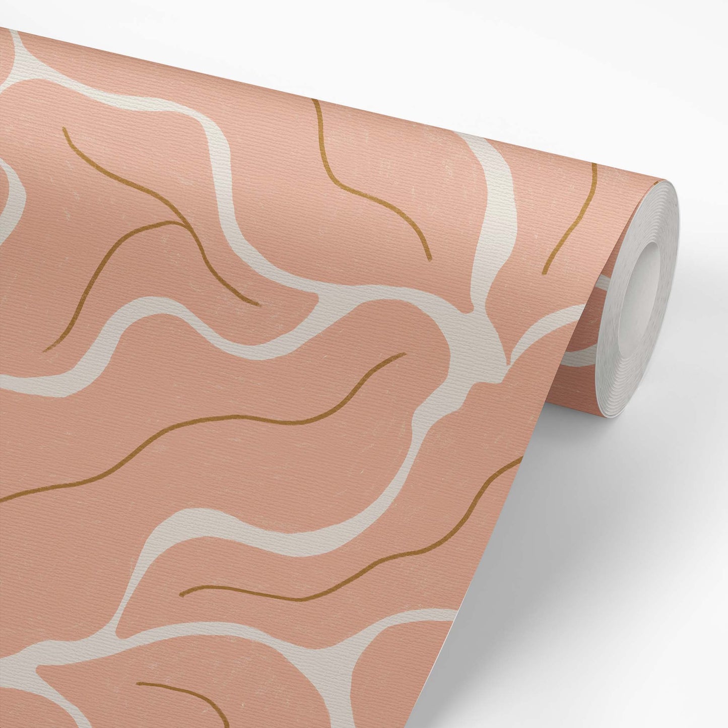 Wallpaper roll featuring our Modern Leaves Wallpaper in Salmon by artist Brenda Bird for Ayara