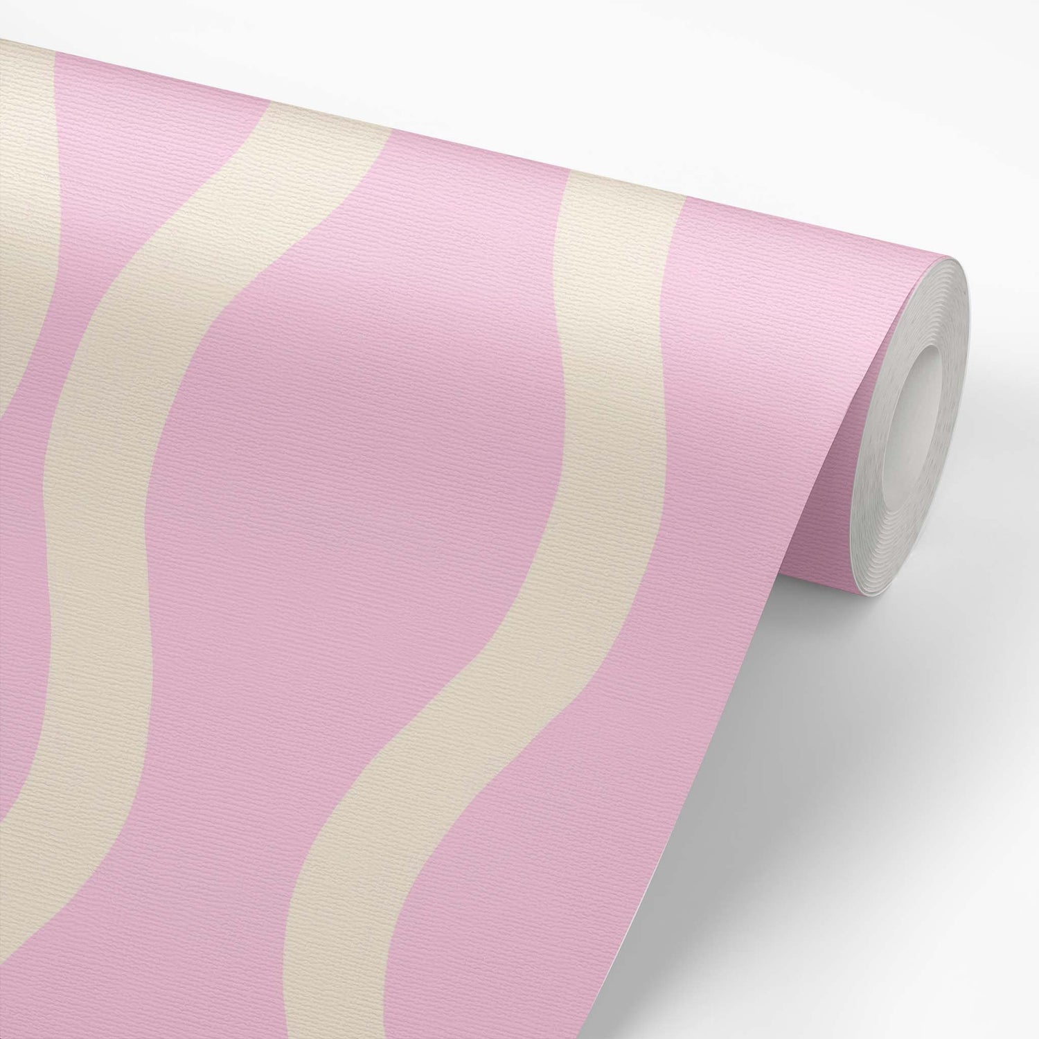 Wallpaper roll featuring Modern Wavy Lines Wallpaper in Bubblegum Pink by artist Brenda Bird for Ayara