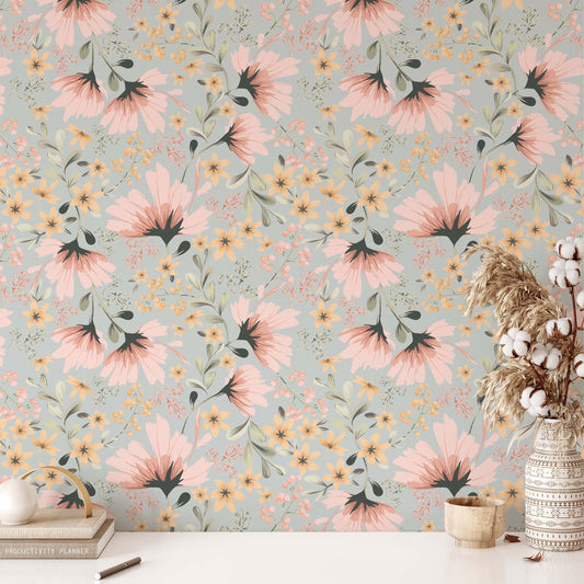 Pastel Garden Wallpaper - Dusty Blue