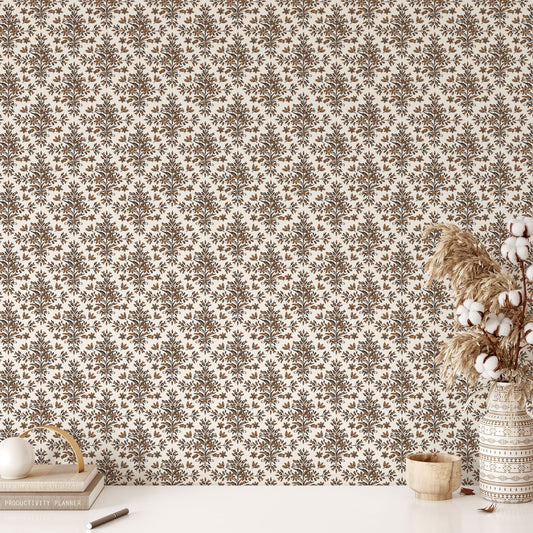 Rustic Lacy Wallpaper in Cashew Brown shown in a study room