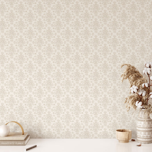 Rustic Lacy Wallpaper in Natural Linen shown in a study room