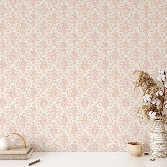 Rustic Lacy Wallpaper in Soft Pink shown in a study room