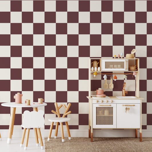 Classic Check Wallpaper in Burgundy shown in a playroom