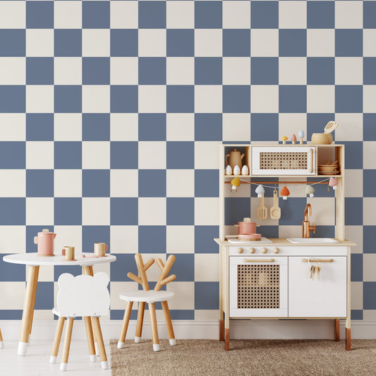 Classic Check Wallpaper in Dusty Blue shown in a playroom