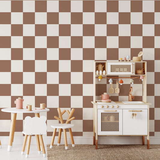 Classic Check Wallpaper in Mocha Mousse shown in a playroom
