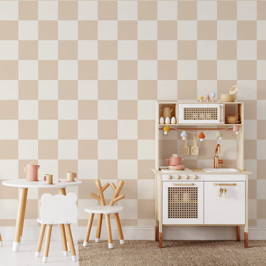 Classic Check Wallpaper in Beige shown in a playroom